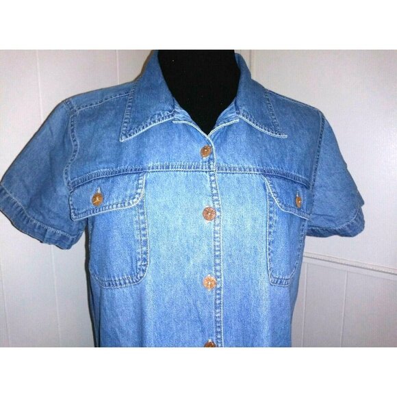 Denim Jumper Dress Maxi dress PL/L Collar Button front Pockets Blue short sleeve - Picture 2 of 6